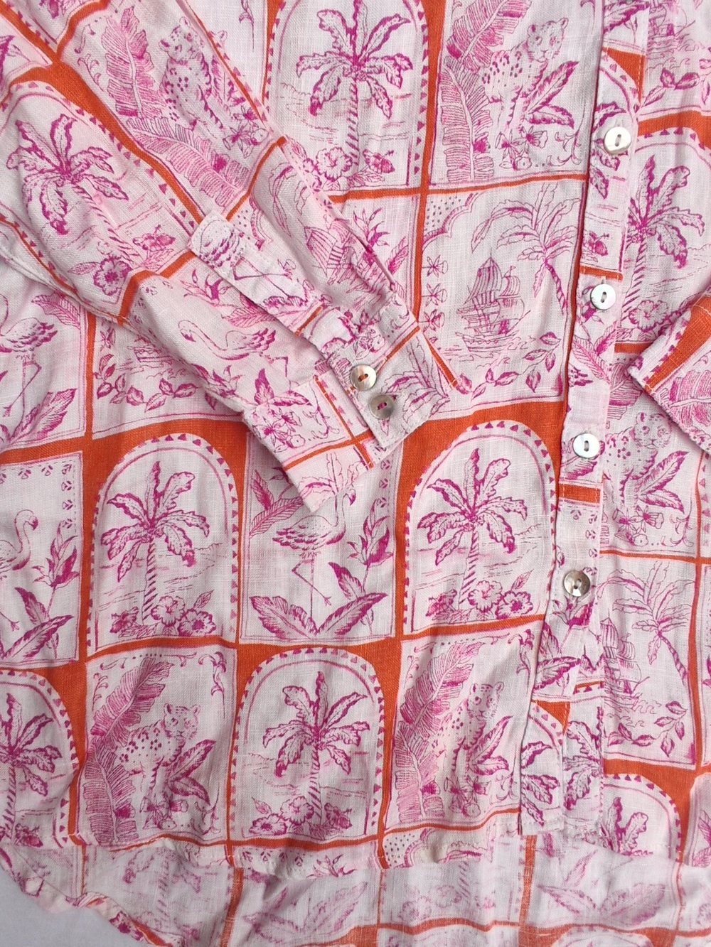 C&C California Linen Button-Up Shirt Pink & Orange Print - Picture 5 of 6